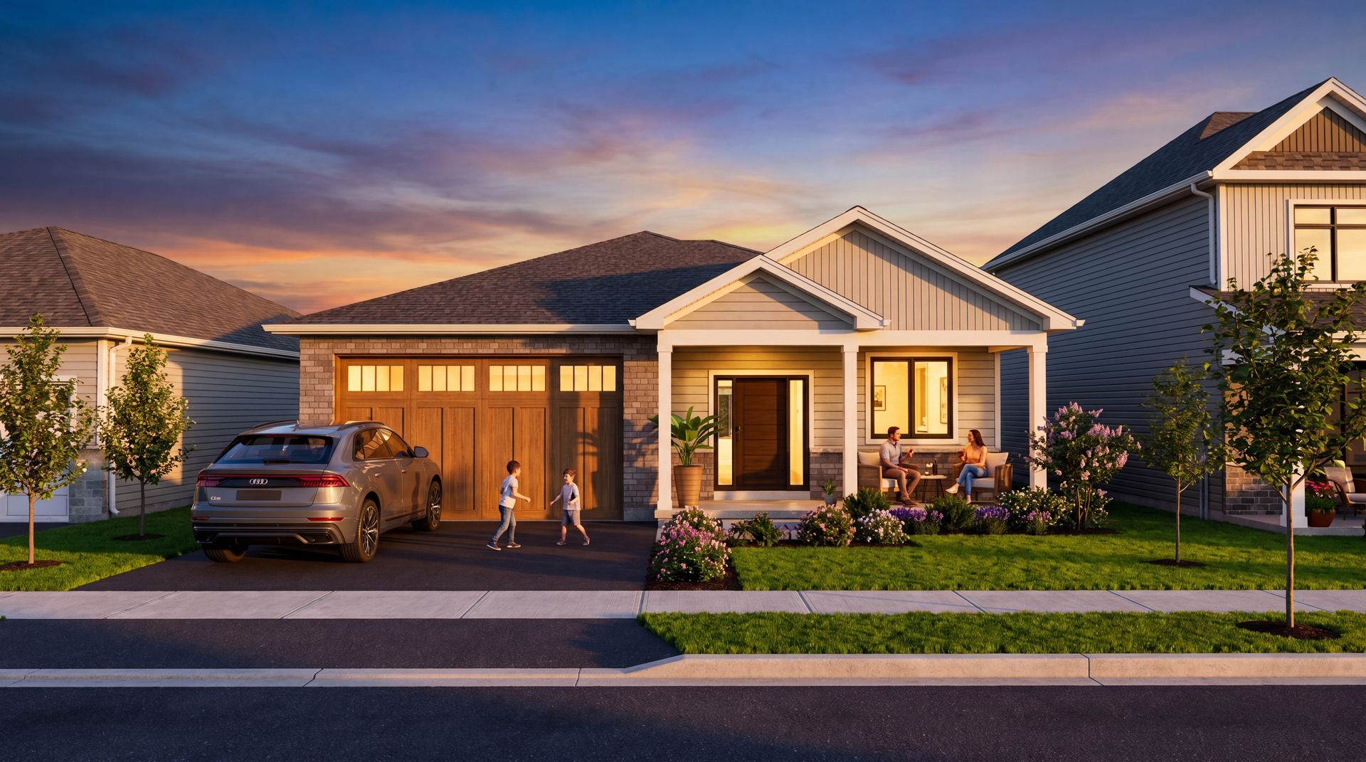 The Hummingbird — craftsman bungalow with couple on porch at dusk